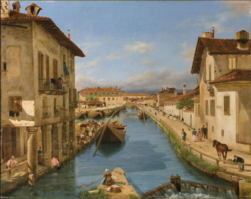 4. Canella Giuseppe Veduta del canale Naviglio preso sul ponte di San Marco in Milano, olio su tela 65 x 82 cm