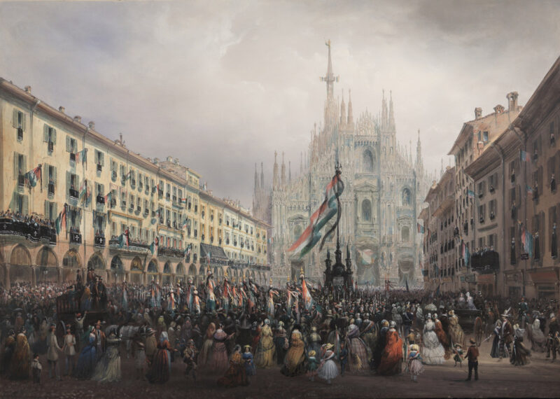 Bossoli C. - La commemorazione dei Caduti nelle Cinque Giornate tenuta in Piazza del Duomo il 6 aprile 1848, tempera su carta riportata su tela 71,5 x 100,5 cm