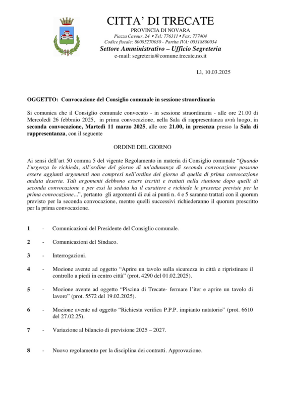 Convocazione del Consiglio Comunale di Trecate - 11 marzo 2025