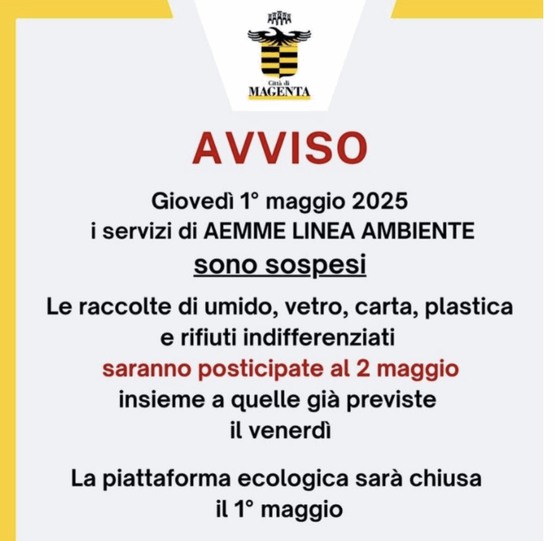 Magenta e dintorni: come cambia la raccolta rifiuti per il 1° maggio
