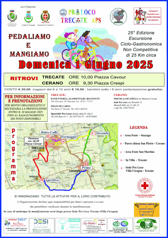 Il 1° giugno torna “Pedaliamo e Mangiamo” tra Trecate, Sozzago e Cerano