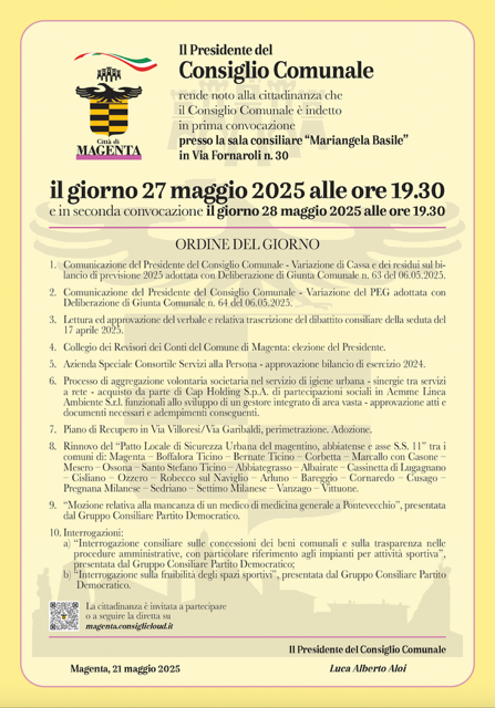 Convocato il Consiglio Comunale di Magenta: appuntamento il 27 e 28 maggio