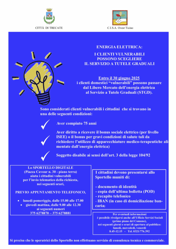 Sportello digitale per il passaggio al Servizio di tutele graduali a Trecate (risparmio per le categorie fragili)