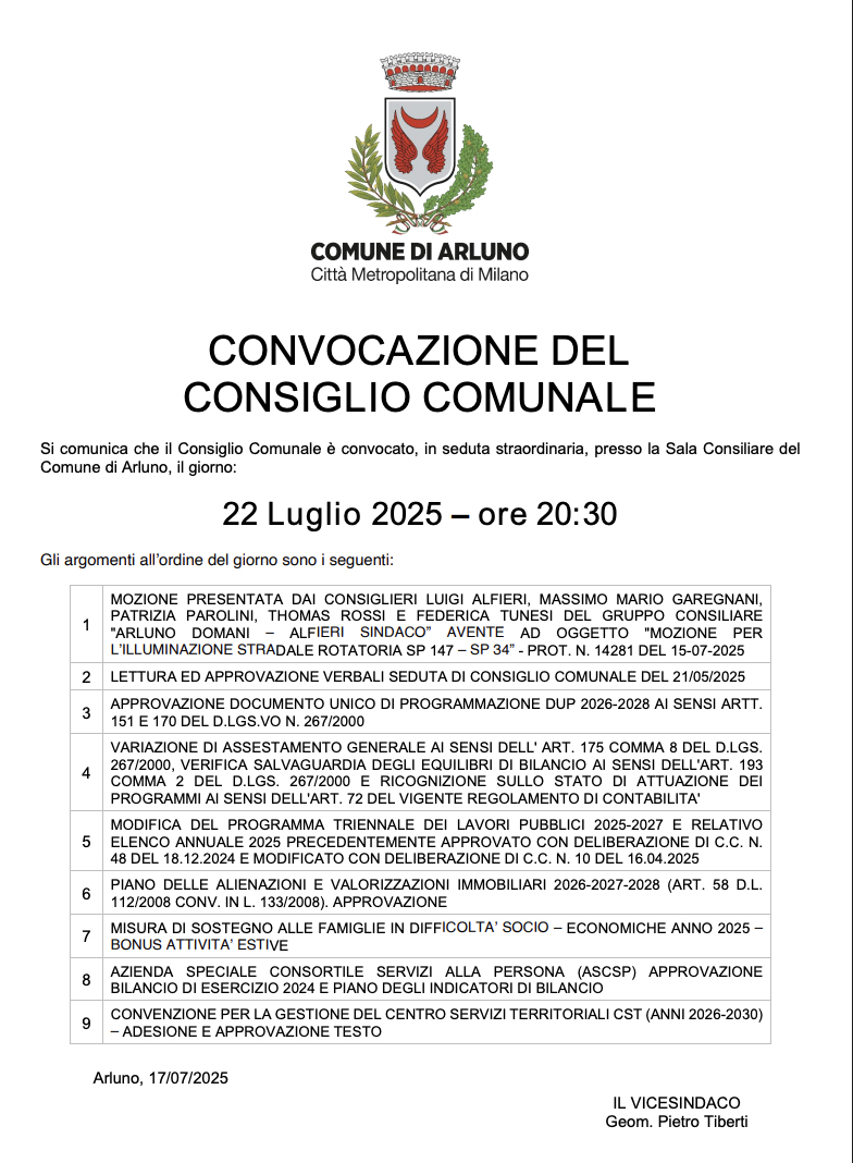 Arluno, convocato il Consiglio Comunale in seduta straordinaria il 22 luglio