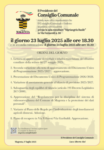 Magenta: convocato il Consiglio Comunale per il 23 e 24 luglio