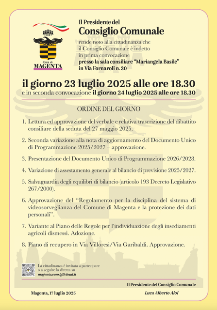 Magenta: convocato il Consiglio Comunale per il 23 e 24 luglio
