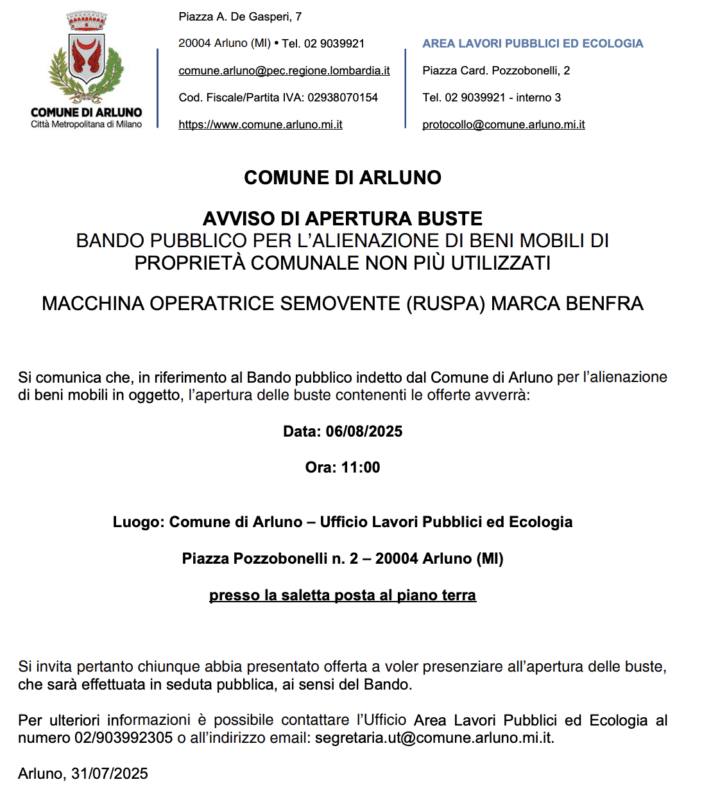 Apertura Buste per la Vendita della Ruspa Benfra ad Arluno