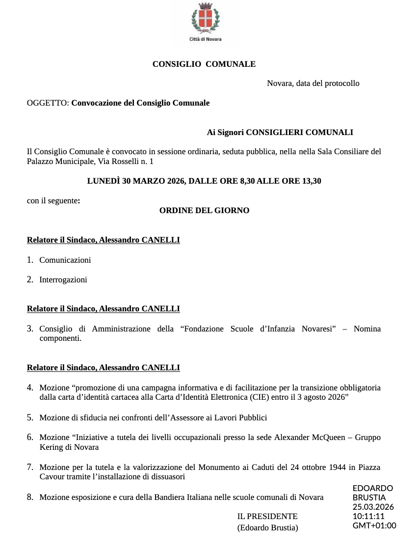Consiglio comunale a Novara: convocata la seduta del 30 marzo