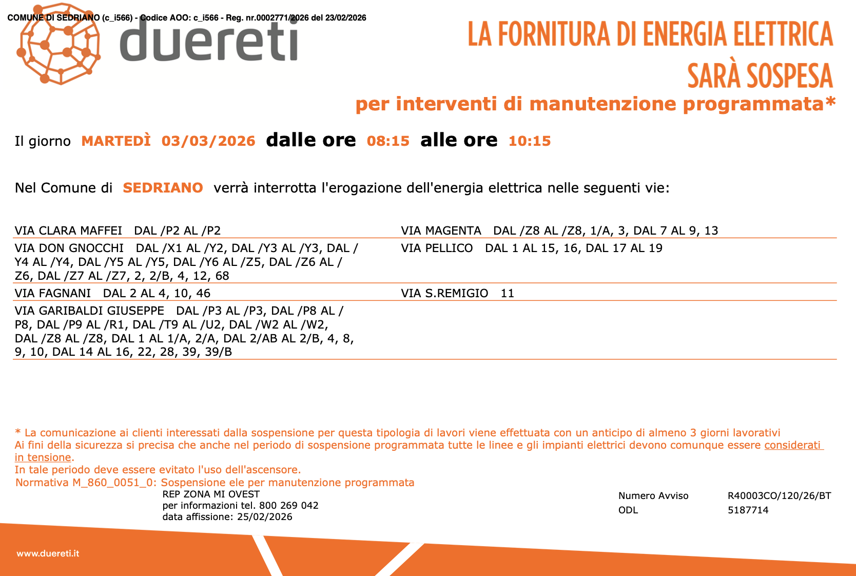 Sedriano – Sospensione temporanea energia elettrica martedì 03/03/2026