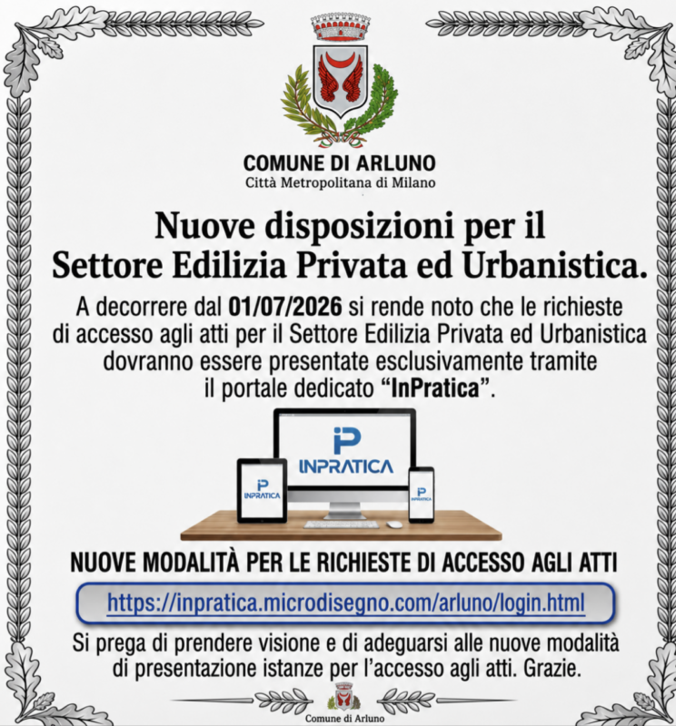 Arluno - Nuova modalità per l'accesso agli atti dell'Ufficio Edilizia Privata e Urbanistica
