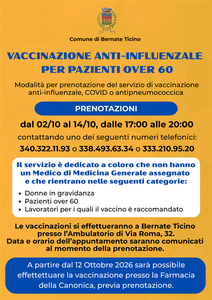 Bernate Ticino, fino al 14 ottobre: prenotazioni per le vaccinazioni antinfluenzali over 60