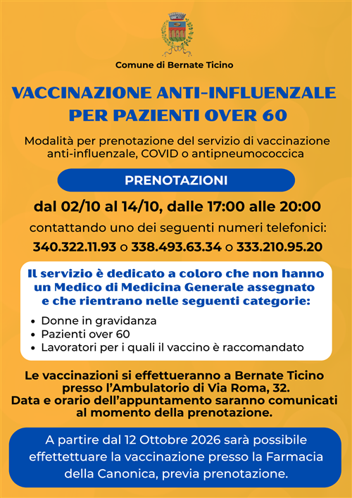 Bernate Ticino, fino al 14 ottobre: prenotazioni per le vaccinazioni antinfluenzali over 60