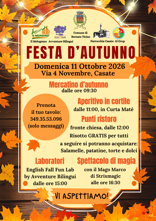 Bernate Ticino, 11 ottobre: festa d’autunno a Casate con mercatino, risotto e spettacoli