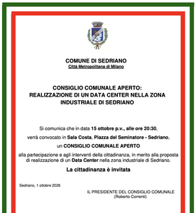 Sedriano, 15 ottobre 2026 ore 20:30: Consiglio comunale aperto sul progetto del Data Center