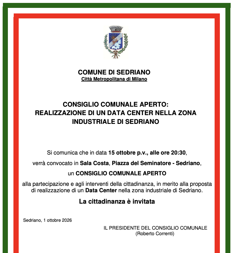 Sedriano, 15 ottobre 2026 ore 20:30: Consiglio comunale aperto sul progetto del Data Center