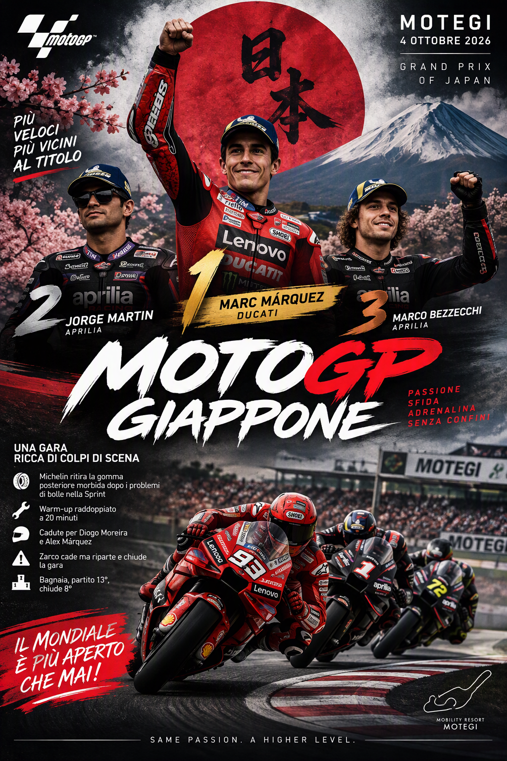 Scopri di più sull'articolo MotoGP Giappone 2026: riaperto il Mondiale a Motegi, tra gomme “proibite”, cadute e duelli da brivido!