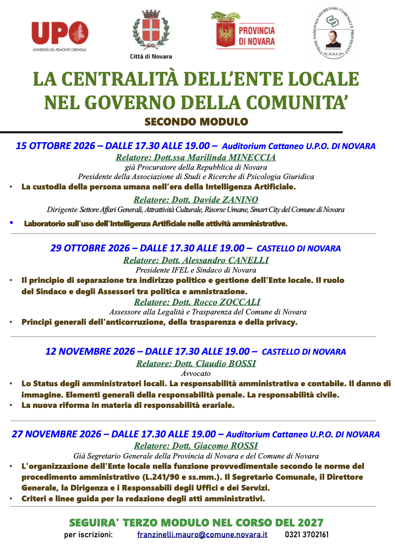 Novara, dal 15 ottobre al 27 novembre 2026: formazione gratuita sulla pubblica amministrazione