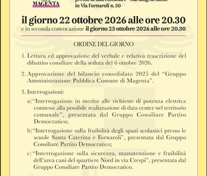 Magenta, 22 ottobre 2026 ore 20:30: convocato il Consiglio comunale