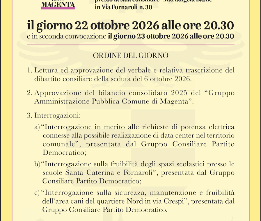Magenta, 22 ottobre 2026 ore 20:30: convocato il Consiglio comunale