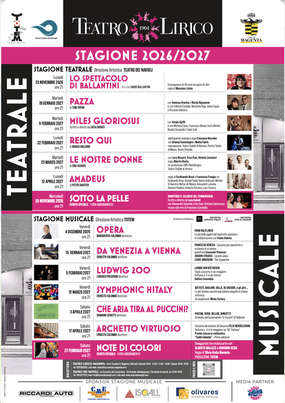 Magenta, stagione 2026-2027: 14 appuntamenti al Teatro Lirico, abbonamenti dal 20 ottobre