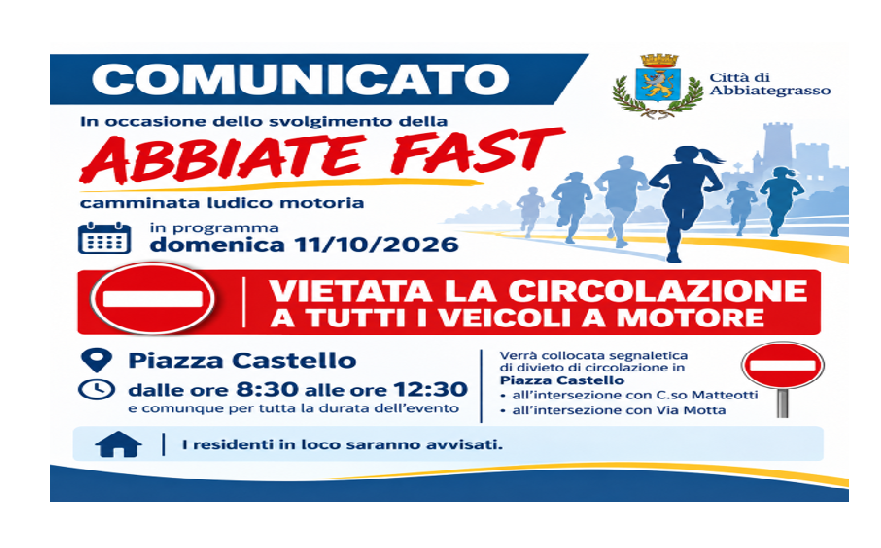 Scopri di più sull'articolo Abbiategrasso, 11 ottobre: modifiche alla viabilità per la camminata Abbiate Fast